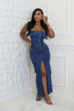 Women Sexy Strapless Off Shoulder Slit Cargo Denim Dress