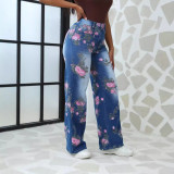 Plus Size Women Autumn Printed Denim Wide Leg Pants