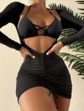 Three-Piece Long Mesh Skirt Lace-Up Swimsuit Bikini Cross-Leg