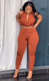 Solid Color Halter Neck Low Back Top Trousers Two-Piece Set