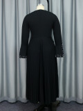 Beaded V-Neck Bell Bottom Sleeve A-Line Pleated Formal Party Dress