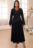 Beaded V-Neck Bell Bottom Sleeve A-Line Pleated Formal Party Dress