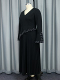 Beaded V-Neck Bell Bottom Sleeve A-Line Pleated Formal Party Dress