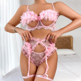 Erotic Ruffle Meshlace Hollow See-Through Sexy Lingerie Four-Piece Set