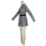 Spring Autumn And Winter Women's Fashion Striped Casual Long Sleeve Round Neck Top Skirt Two-Piece Set