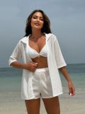 Solid Color Beach Sunscreen Mesh Shirt Shorts Bikini Four-Piece Swimsuit