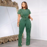 Solid Color Casual Short Sleeve Tassel Wide Leg Two-Piece Pants Set