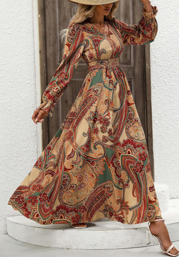 Autumn Women's Printed V-Neck Long Sleeve Fashion Long Dress