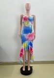 Summer Women's Strap V-Neck Fashion Print Slim Ruffle Slim Long Dress