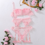 Erotic Ruffle Meshlace Hollow See-Through Sexy Lingerie Four-Piece Set