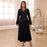 Beaded V-Neck Bell Bottom Sleeve A-Line Pleated Formal Party Dress