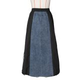 Autumn Women's Fashion Casual Striped Denim Patchwork A-Line Loose Skirt