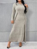 Autumn And Winter Long Sleeve Round Neck Slit Knitting Solid Color Plus Size Dress