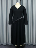 Beaded V-Neck Bell Bottom Sleeve A-Line Pleated Formal Party Dress