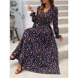 Autumn Women's Printed V-Neck Long Sleeve Fashion Long Dress