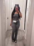 Summer Fashion Solid Color Ribbed Pocket Sexy Tight Fitting Jumpsuit