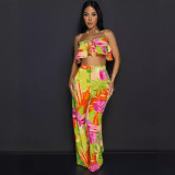 Printed Ruffle Strap Vest Top Wide Leg Pants Two-Piece Set