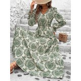 Autumn Women's Printed V-Neck Long Sleeve Fashion Long Dress