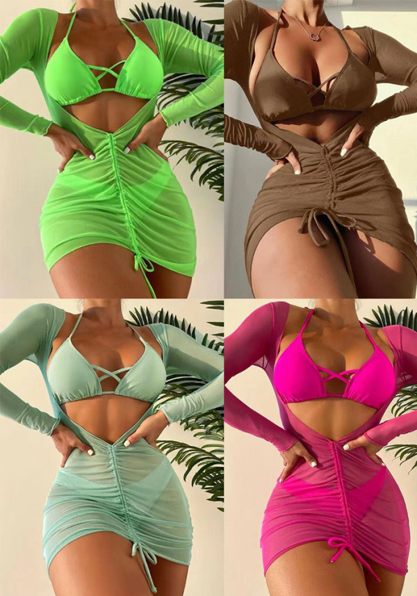 Three-Piece Long Mesh Skirt Lace-Up Swimsuit Bikini Cross-Leg