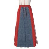 Autumn Women's Fashion Casual Striped Denim Patchwork A-Line Loose Skirt