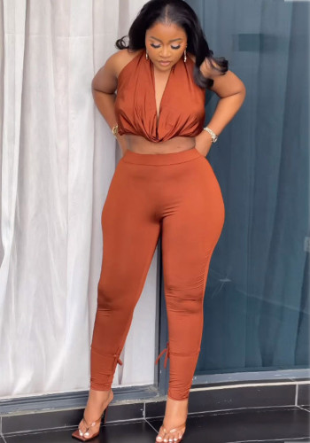 Solid Color Halter Neck Low Back Top Trousers Two-Piece Set