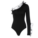 Summer Mesh Ruffled One Shoulder Long Sleeve Sexy Slim Bodysuit