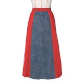 Autumn Women's Fashion Casual Striped Denim Patchwork A-Line Loose Skirt