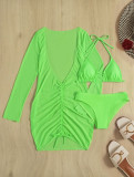 Three-Piece Long Mesh Skirt Lace-Up Swimsuit Bikini Cross-Leg