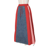 Autumn Women's Fashion Casual Striped Denim Patchwork A-Line Loose Skirt