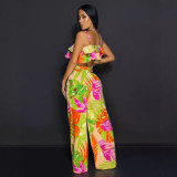 Printed Ruffle Strap Vest Top Wide Leg Pants Two-Piece Set