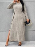 Autumn And Winter Long Sleeve Round Neck Slit Knitting Solid Color Plus Size Dress