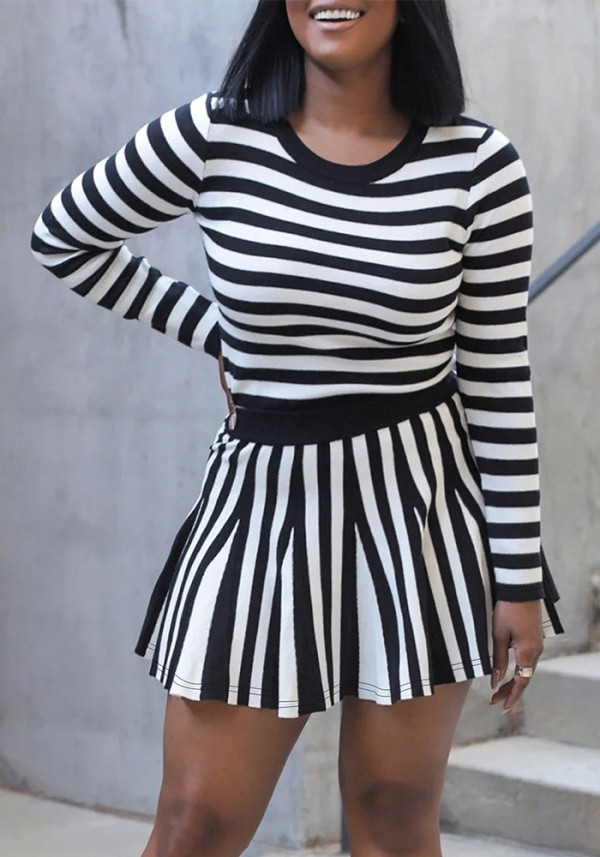 Spring Autumn And Winter Women's Fashion Striped Casual Long Sleeve Round Neck Top Skirt Two-Piece Set