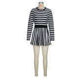 Spring Autumn And Winter Women's Fashion Striped Casual Long Sleeve Round Neck Top Skirt Two-Piece Set