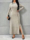 Autumn And Winter Long Sleeve Round Neck Slit Knitting Solid Color Plus Size Dress