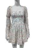 Autumn Square Neck Puff Sleeve Floral Dress