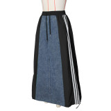 Autumn Women's Fashion Casual Striped Denim Patchwork A-Line Loose Skirt