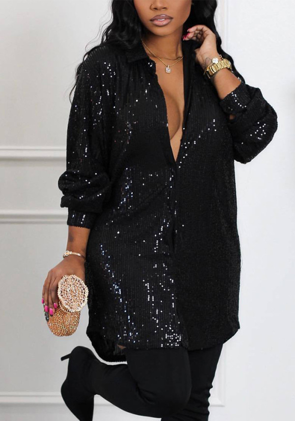 Women's Autumn Style Solid Color Sequin Loose Shirt Dress