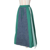 Autumn Women's Fashion Casual Striped Denim Patchwork A-Line Loose Skirt