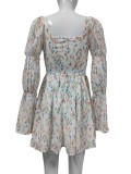 Autumn Square Neck Puff Sleeve Floral Dress