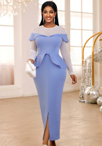 Elegant Beaded See-Through Long Sleeve Peplum Formal Party Dress