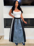 Autumn Women's Fashion Casual Striped Denim Patchwork A-Line Loose Skirt