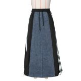 Autumn Women's Fashion Casual Striped Denim Patchwork A-Line Loose Skirt