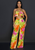 Printed Ruffle Strap Vest Top Wide Leg Pants Two-Piece Set