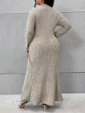 Autumn And Winter Long Sleeve Round Neck Slit Knitting Solid Color Plus Size Dress