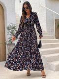 Autumn Women's Printed V-Neck Long Sleeve Fashion Long Dress