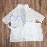 Solid Color Beach Sunscreen Mesh Shirt Shorts Bikini Four-Piece Swimsuit