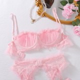 Erotic Ruffle Meshlace Hollow See-Through Sexy Lingerie Four-Piece Set