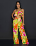 Printed Ruffle Strap Vest Top Wide Leg Pants Two-Piece Set