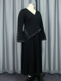 Beaded V-Neck Bell Bottom Sleeve A-Line Pleated Formal Party Dress