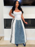 Autumn Women's Fashion Casual Striped Denim Patchwork A-Line Loose Skirt